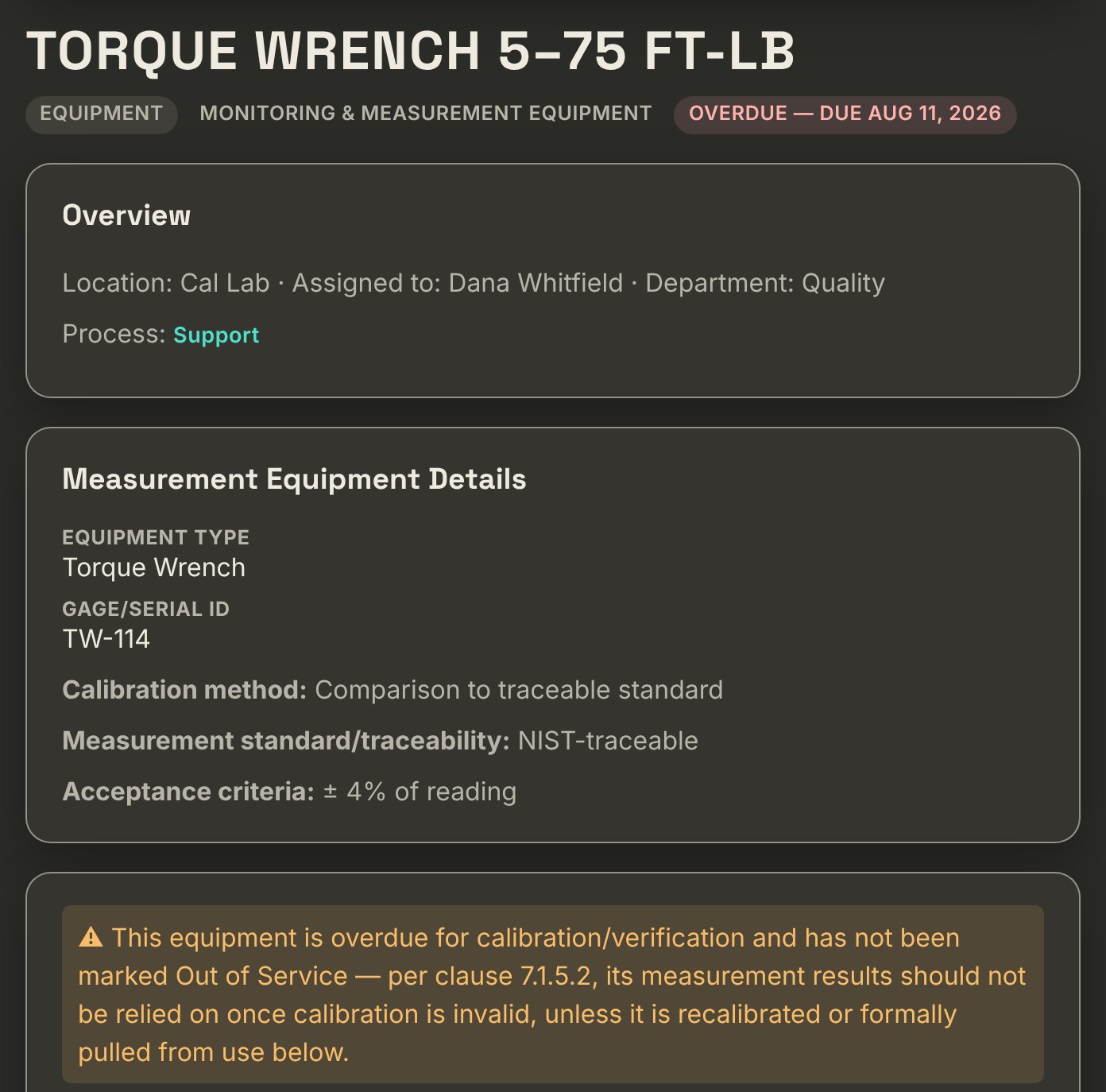A torque wrench in JBird flagged Overdue with its due date, its gage ID, calibration method, NIST traceability and acceptance criteria, above a clause 7.1.5.2 warning that its measurement results should not be relied on until it is recalibrated or pulled from service.