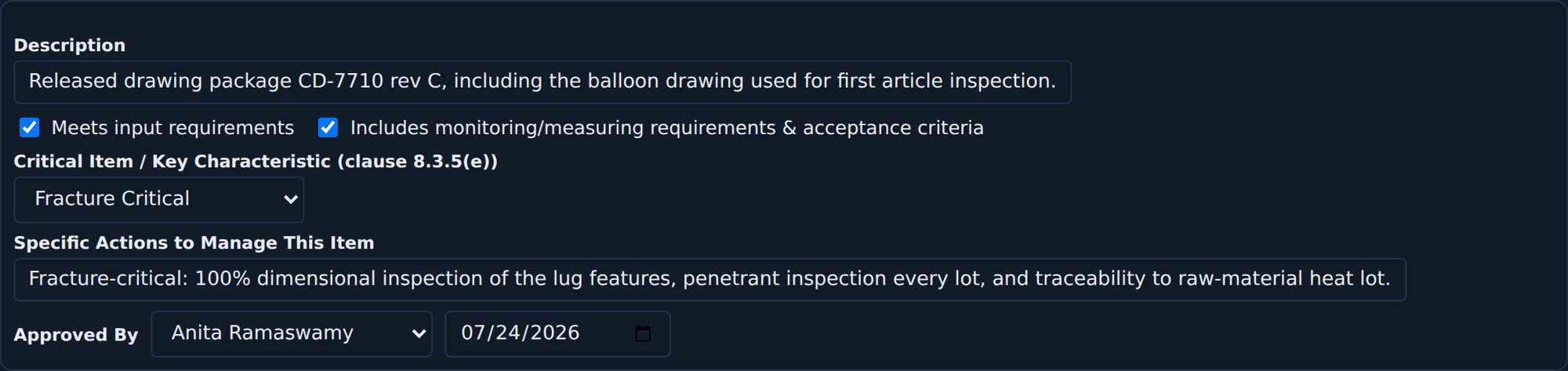 A design output record in JBird: a released drawing package marked as
                    meeting input requirements and including acceptance criteria, classified
                    Fracture Critical, with the specific actions that manage it and the person
                    and date that approved it.