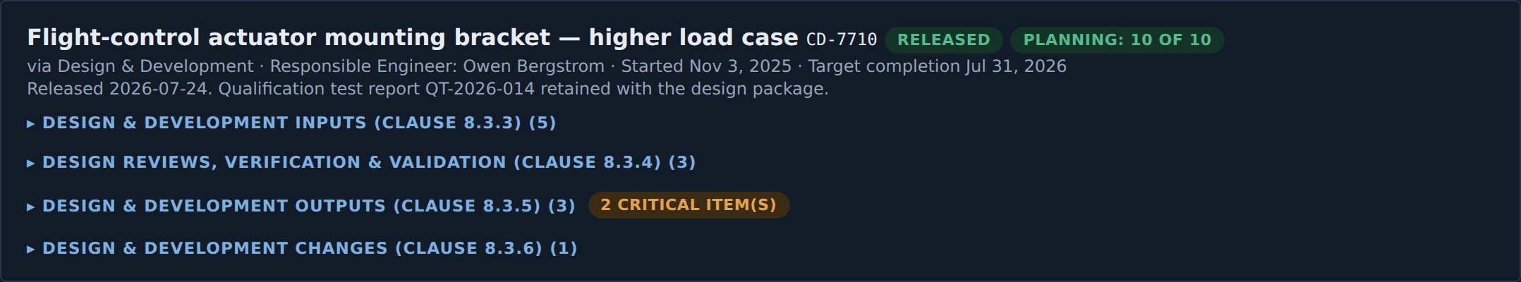 A design project header in JBird: flight-control actuator mounting bracket,
                    part CD-7710, marked Released with a planning badge reading 10 of 10, run
                    via the Design and Development process with a named responsible engineer.