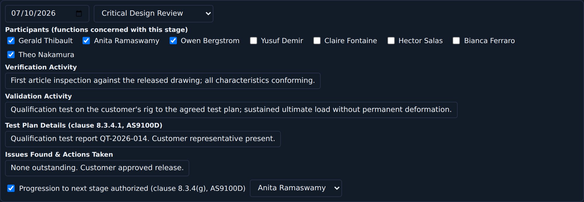 A critical design review record in JBird with its date, participants ticked
                    by name, verification activity, validation activity, test plan details and
                    a checkbox reading progression to next stage authorized, with the
                    authorizing person named.