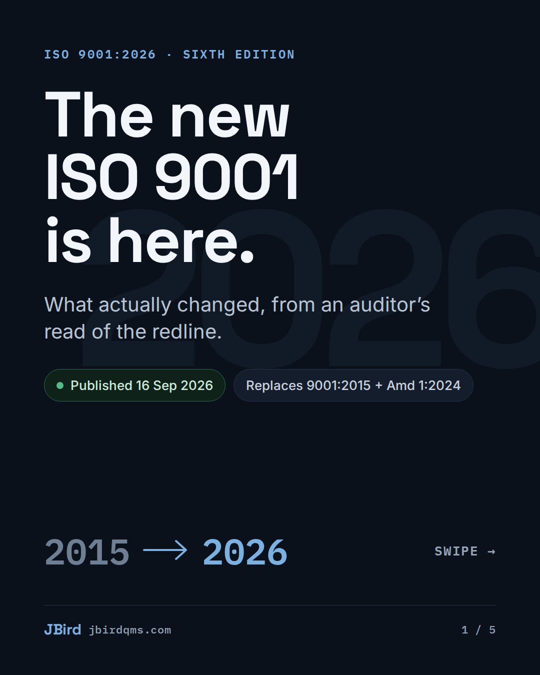 Slide 1: The new ISO 9001 is here. Published 16 September 2026, it replaces
                  ISO 9001:2015 and its 2024 climate amendment.