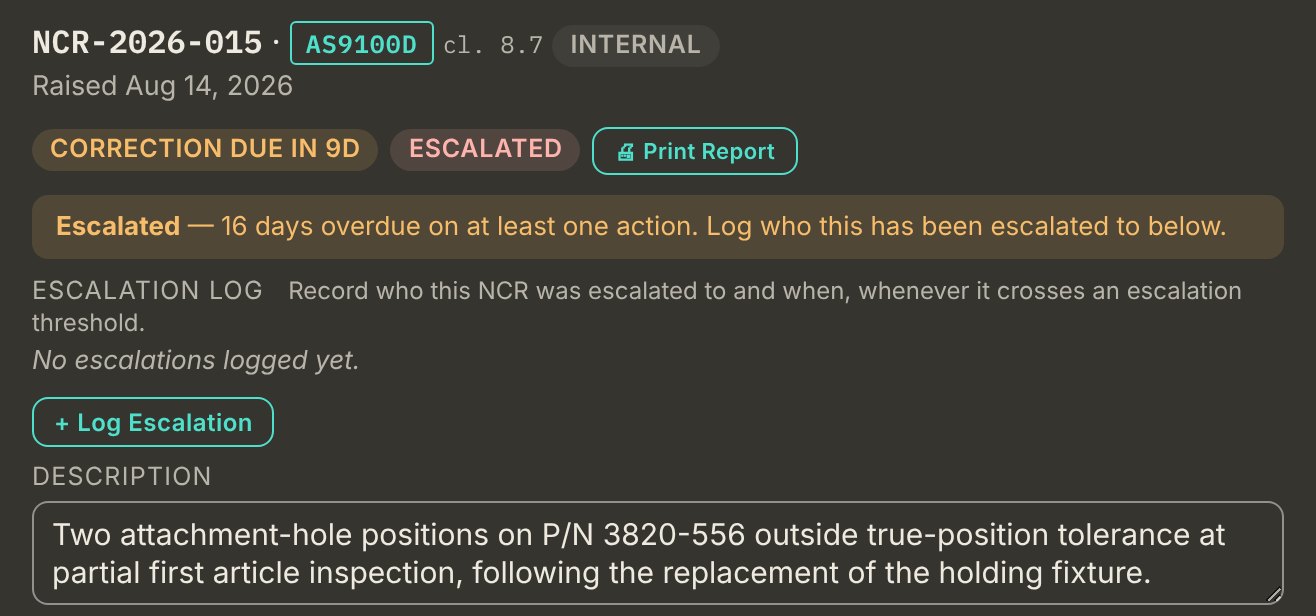 The header of NCR-2026-015 in JBird: raised August 14 against AS9100D clause 8.7, a correction-due countdown of 20 days, an overdue flag on the root-cause clock, an escalation log, and the description of two attachment holes out of true-position tolerance.