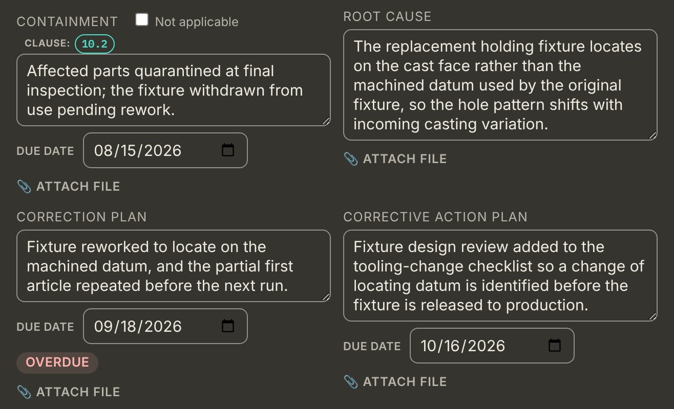 Containment, root cause, correction plan and corrective action plan on the same NCR, each with its own due date; the correction plan is flagged overdue.