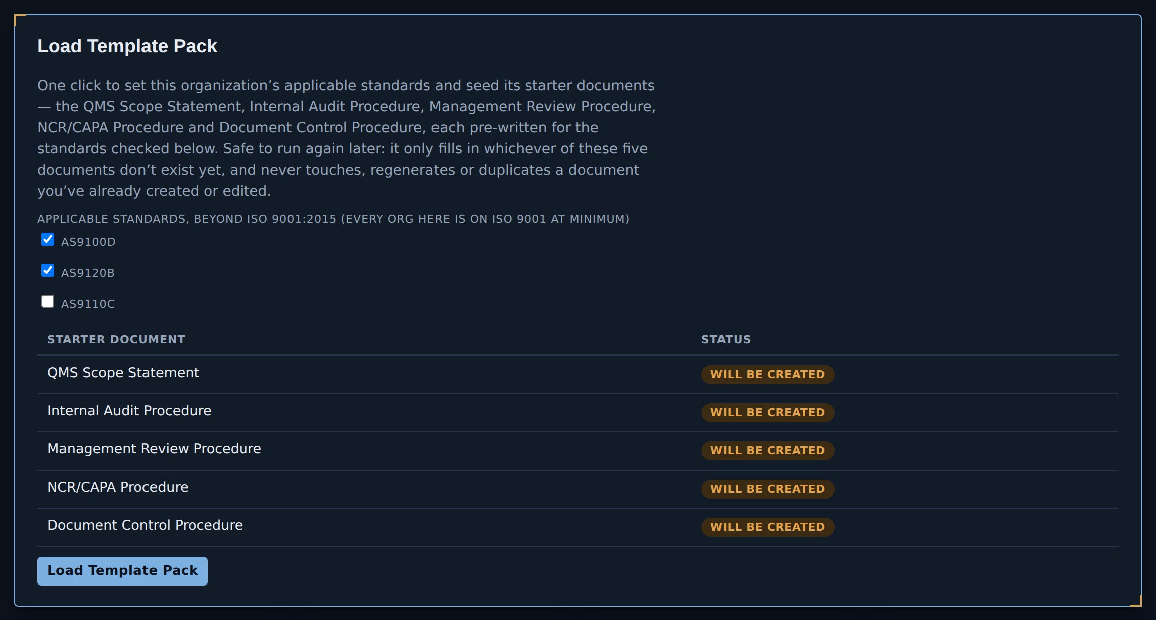 JBird's Load Template Pack panel, with a table of the five starter documents
                each marked will be created.